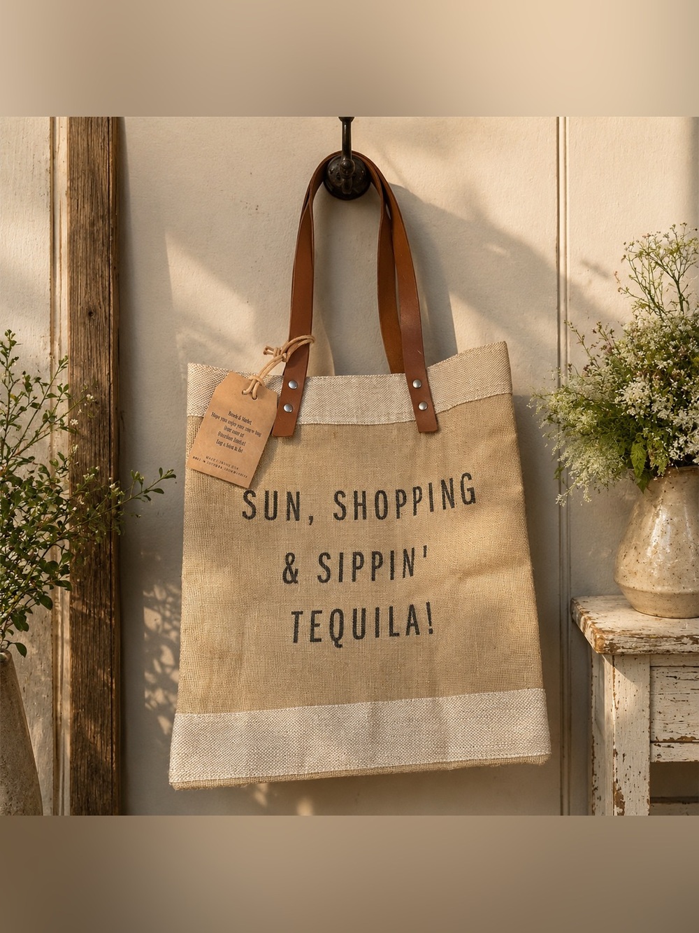 Apolis Market -Global Citizen Jute Tote Bag-“Sun,Shopping, and Tequila”.